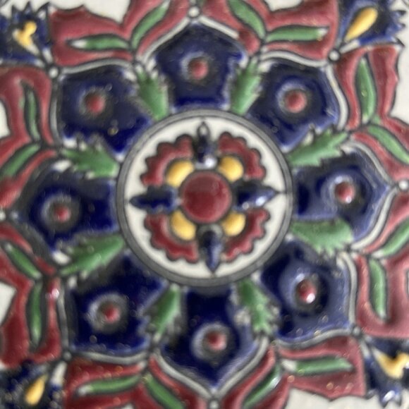 2 Vintage NASSOS RODOS Handmade Greek Tile Coaster Enamel Ceramic Floral Design - Picture 3 of 8